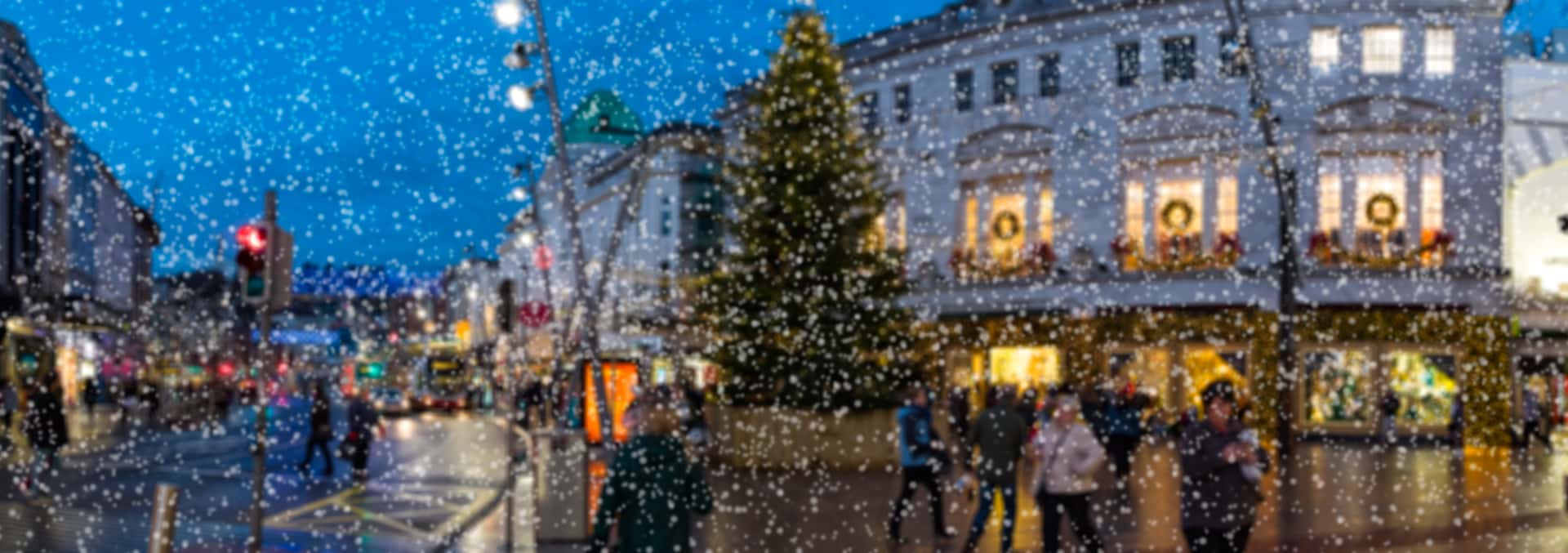 Cork City at Christmas time with snow and Christmas Tree Up